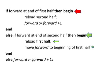 if forward at end of first half then begin
reload second half;
forward := forward +1
end
else if forward at end of second half then begin
reload first half;
move forward to beginning of first half
end
else forward := forward + 1;
 