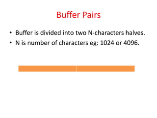 Buffer Pairs
• Buffer is divided into two N-characters halves.
• N is number of characters eg: 1024 or 4096.
 