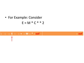• For Example: Consider
E = M * C * * 2
: : : E : : = : M : * : eof : eof
 