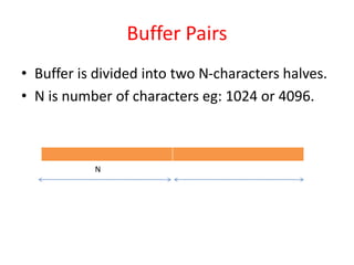 Buffer Pairs
• Buffer is divided into two N-characters halves.
• N is number of characters eg: 1024 or 4096.
N
 