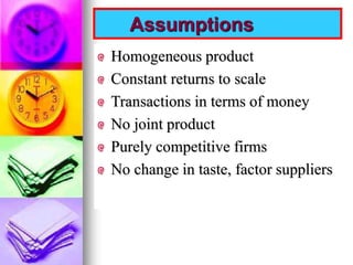 Assumptions 
Homogeneous product 
Constant returns to scale 
Transactions in terms of money 
No joint product 
Purely competitive firms 
No change in taste, factor suppliers 
 