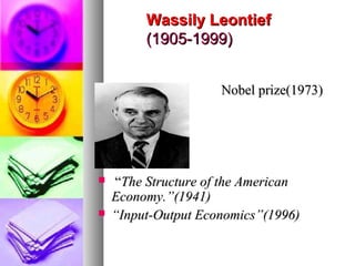 WWaassssiillyy LLeeoonnttiieeff 
((11990055--11999999)) 
NNoobbeell pprriizzee((11997733)) 
 ““TThhee SSttrruuccttuurree ooff tthhee AAmmeerriiccaann 
EEccoonnoommyy..””((11994411)) 
 ““IInnppuutt--OOuuttppuutt EEccoonnoommiiccss””((11999966)) 
 