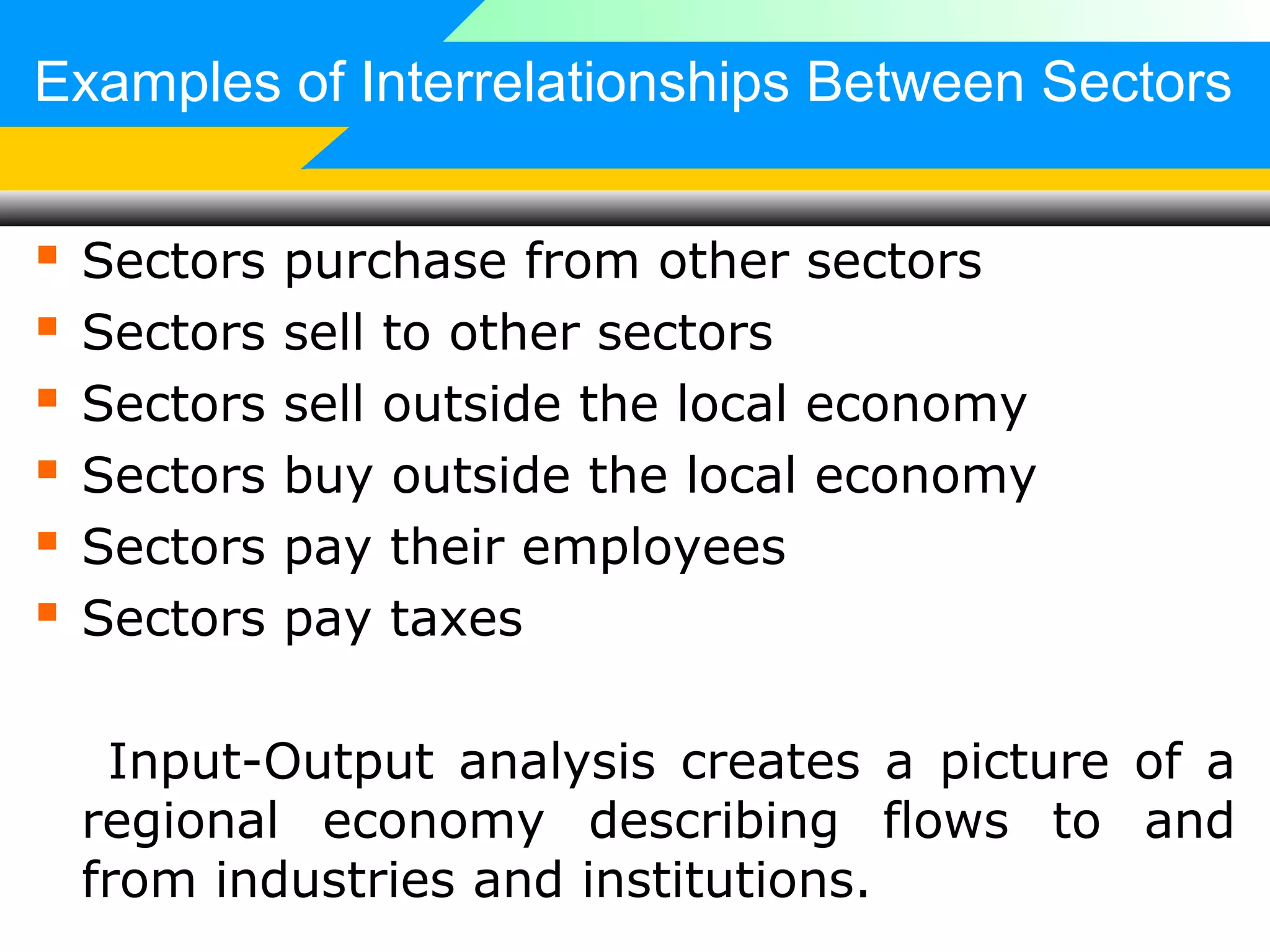 Examples of Interrelationships Between Sectors








Sectors
Sectors
Sectors
Sectors
Sectors
Sectors

purchase from other sectors
sell to other sectors
sell outside the local economy
buy outside the local economy
pay their employees
pay taxes

Input-Output analysis creates a picture of a
regional economy describing flows to and
from industries and institutions.

 