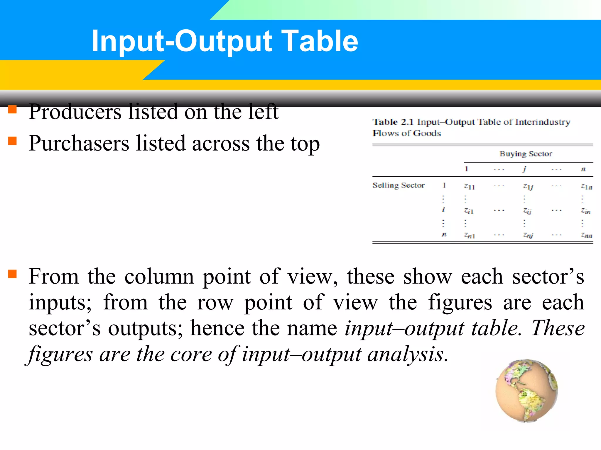 Input-Output Table
 Producers listed on the left
 Purchasers listed across the top

 From the column point of view, these show each sector’s

inputs; from the row point of view the figures are each
sector’s outputs; hence the name input–output table. These
figures are the core of input–output analysis.

 