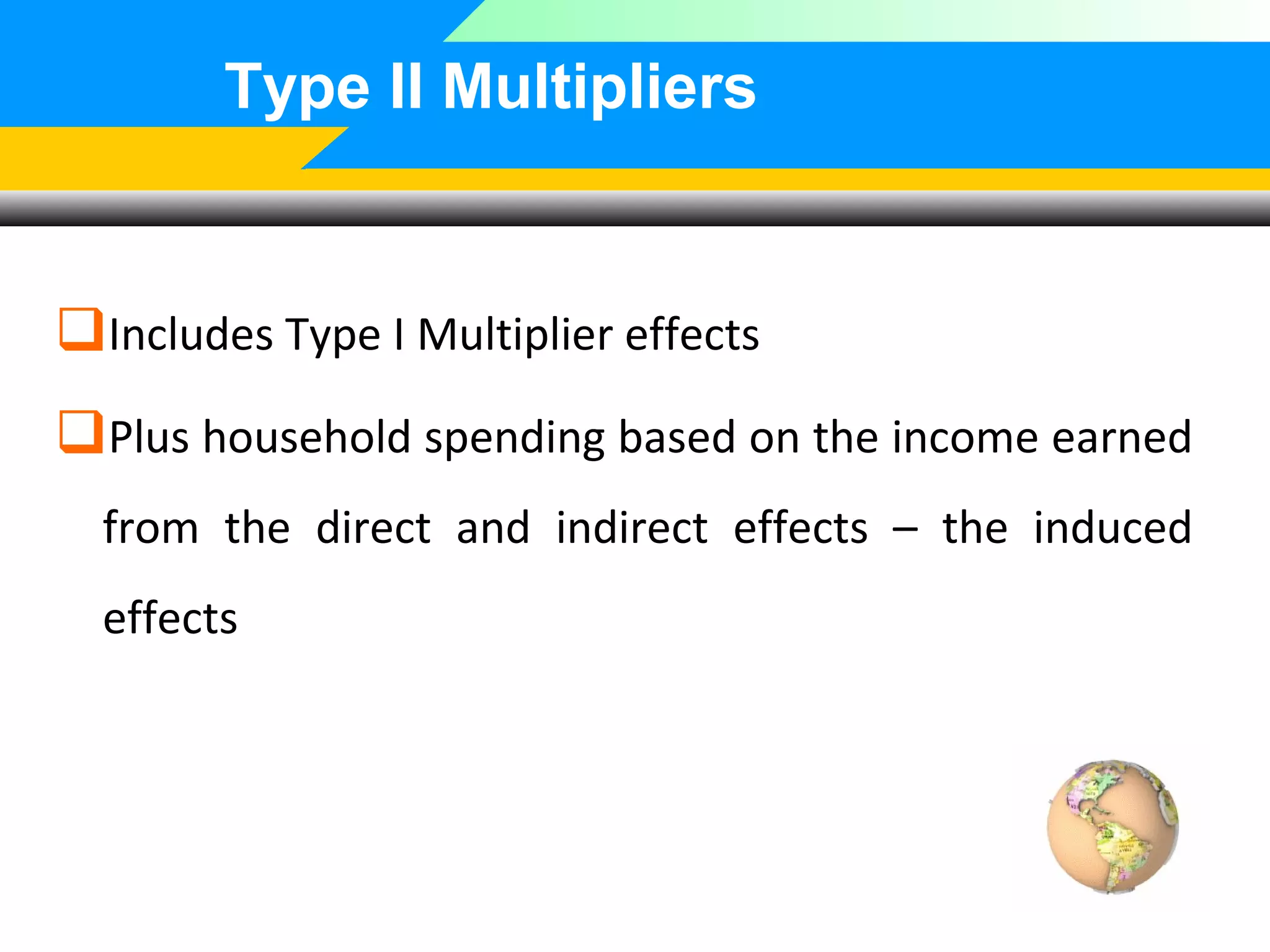 Type II Multipliers

Includes Type I Multiplier effects
Plus household spending based on the income earned
from the direct and indirect effects – the induced
effects

 