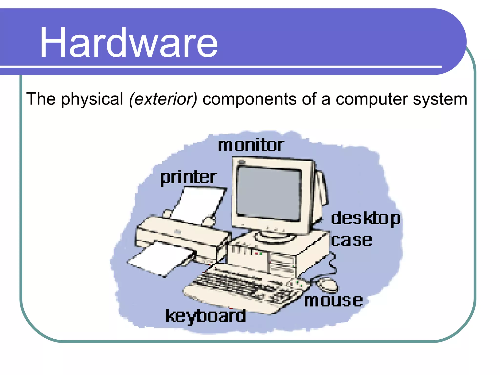 Hardware The physical (exterior) components of a computer system