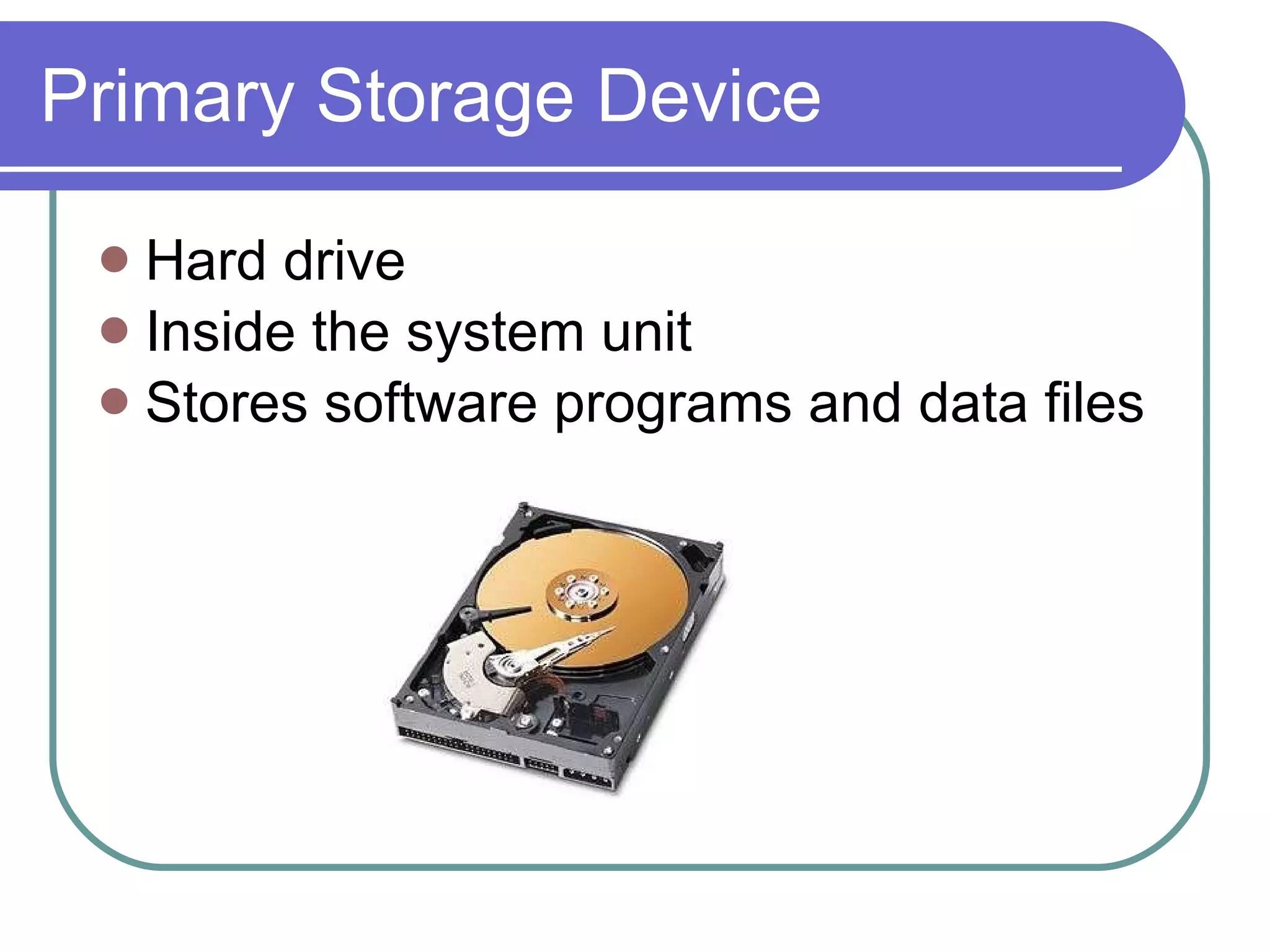 Primary Storage Device Hard drive Inside the system unit Stores software programs and data files