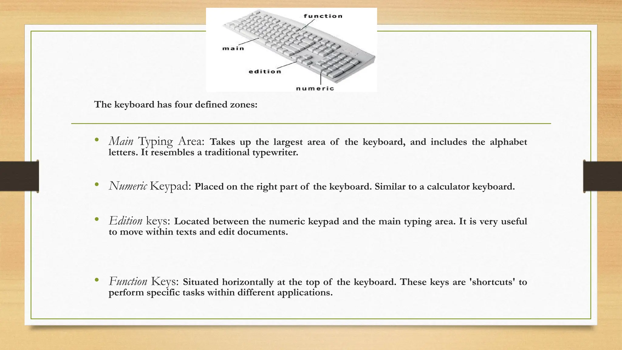The keyboard has four defined zones:
• Main Typing Area: Takes up the largest area of the keyboard, and includes the alphabet
letters. It resembles a traditional typewriter.
• Numeric Keypad: Placed on the right part of the keyboard. Similar to a calculator keyboard.
• Edition keys: Located between the numeric keypad and the main typing area. It is very useful
to move within texts and edit documents.
• Function Keys: Situated horizontally at the top of the keyboard. These keys are 'shortcuts' to
perform specific tasks within different applications.
 