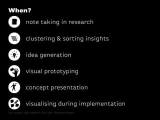 When?
               note taking in research

               clustering & sorting insights

               idea generation...