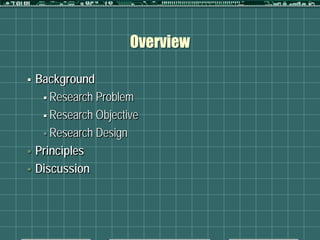 Overview

   Background
      Research Problem

      Research Objective

      Research Design

   Principles
   Discussion
 