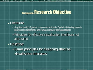 Background:    Research Objective

   Literature
        Cognitive quality of graphic components and tasks, Spatial relationship property
         between the components, and Human-computer interaction factors

      Principles        for effective visualization interfaces not
       articulated
   Objective
      Derive principles for designing effective
       visualization interfaces
 
