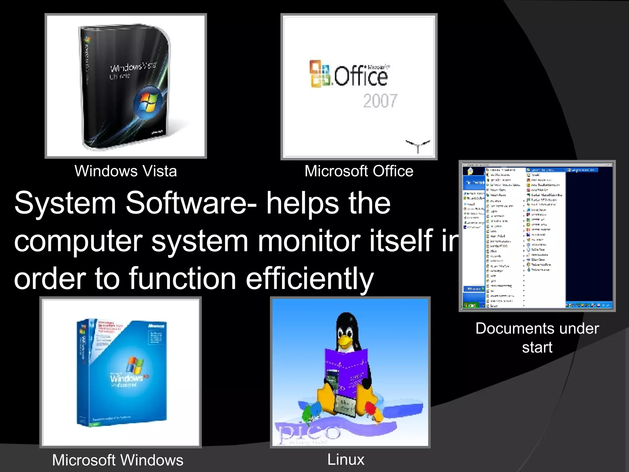 System Software- helps the computer system monitor itself in order to function efficiently  Windows Vista Microsoft Office Documents under start Microsoft Windows Linux 
