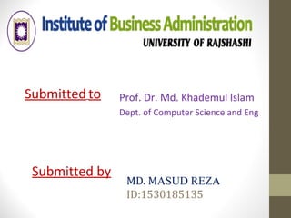 MD. MASUD REZA
ID:1530185135
Prof. Dr. Md. Khademul Islam
Dept. of Computer Science and Eng
.
Submitted to
Submitted by
 