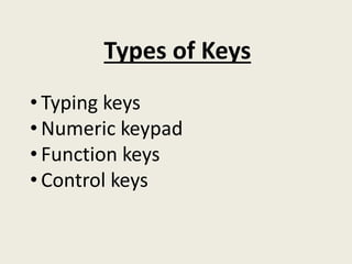 Types of Keys
• Typing keys
• Numeric keypad
• Function keys
• Control keys
 