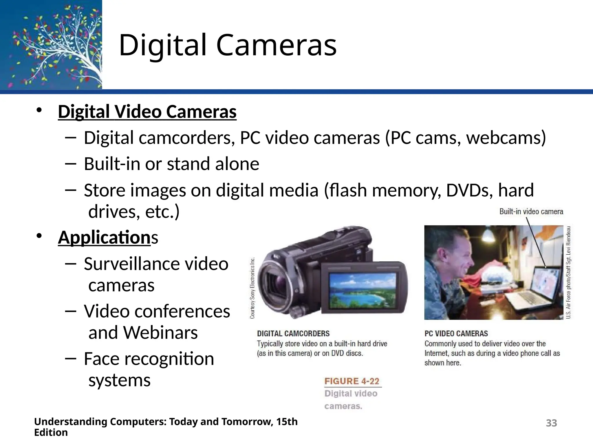 Digital Cameras
• Digital Video Cameras
– Digital camcorders, PC video cameras (PC cams, webcams)
– Built-in or stand alone
– Store images on digital media (flash memory, DVDs, hard
drives, etc.)
• Applications
– Surveillance video
cameras
– Video conferences
and Webinars
– Face recognition
systems
Understanding Computers: Today and Tomorrow, 15th
Edition
33
 