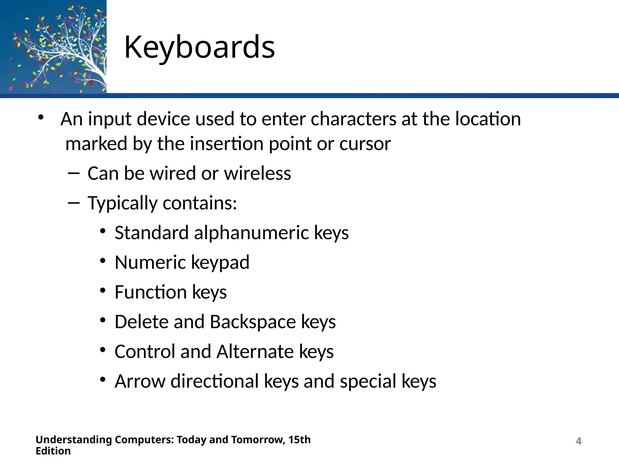 Keyboards
Understanding Computers: Today and Tomorrow, 15th
Edition
4
• An input device used to enter characters at the location
marked by the insertion point or cursor
– Can be wired or wireless
– Typically contains:
• Standard alphanumeric keys
• Numeric keypad
• Function keys
• Delete and Backspace keys
• Control and Alternate keys
• Arrow directional keys and special keys
 