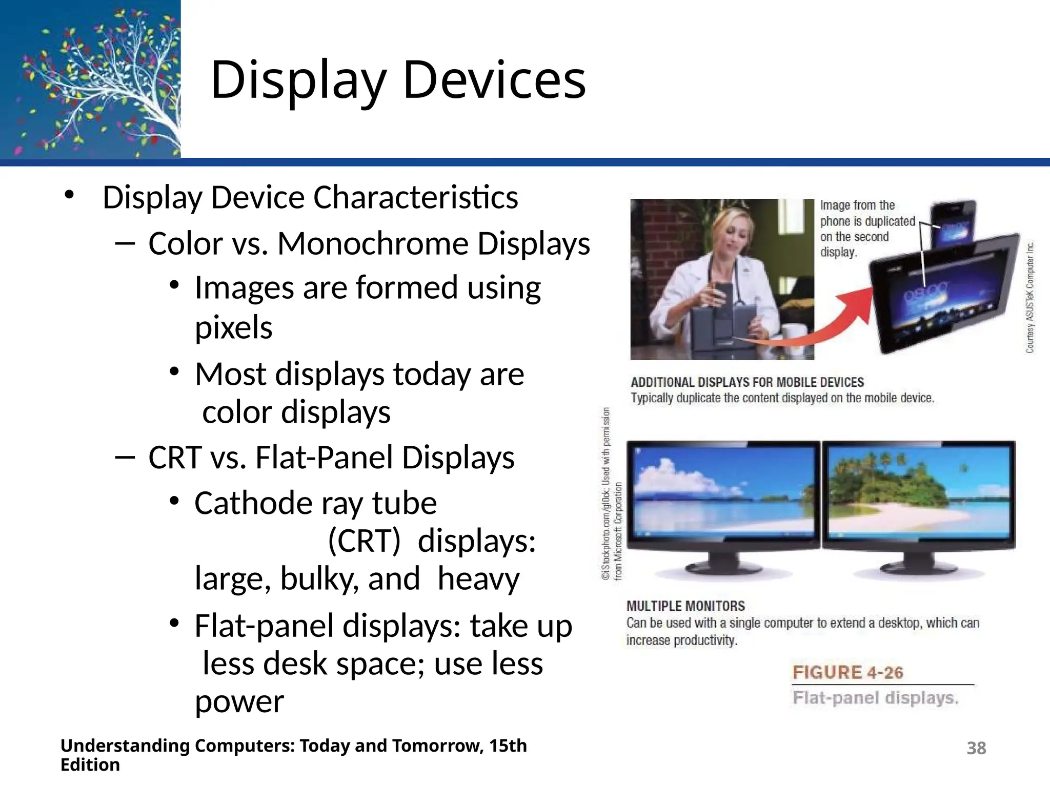 Display Devices
• Display Device Characteristics
– Color vs. Monochrome Displays
• Images are formed using
pixels
• Most displays today are
color displays
– CRT vs. Flat-Panel Displays
• Cathode ray tube
(CRT) displays:
large, bulky, and heavy
• Flat-panel displays: take up
less desk space; use less
power
Understanding Computers: Today and Tomorrow, 15th
Edition
38
 