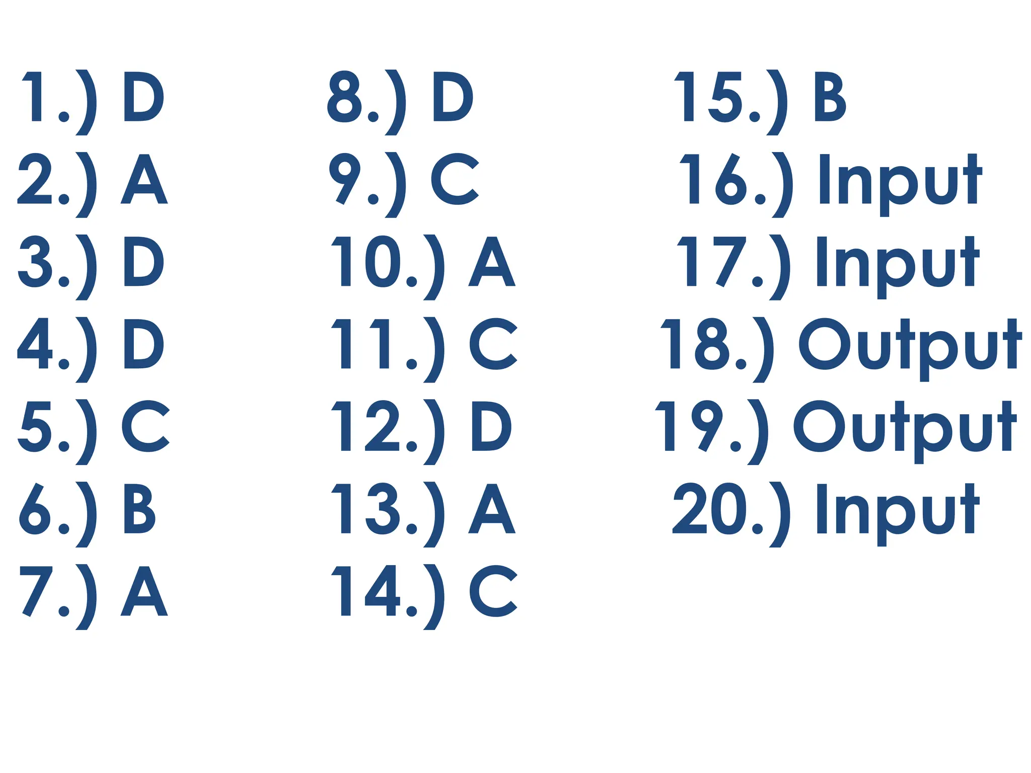 1.) D 8.) D 15.) B
2.) A 9.) C 16.) Input
3.) D 10.) A 17.) Input
4.) D 11.) C 18.) Output
5.) C 12.) D 19.) Output
6.) B 13.) A 20.) Input
7.) A 14.) C
 