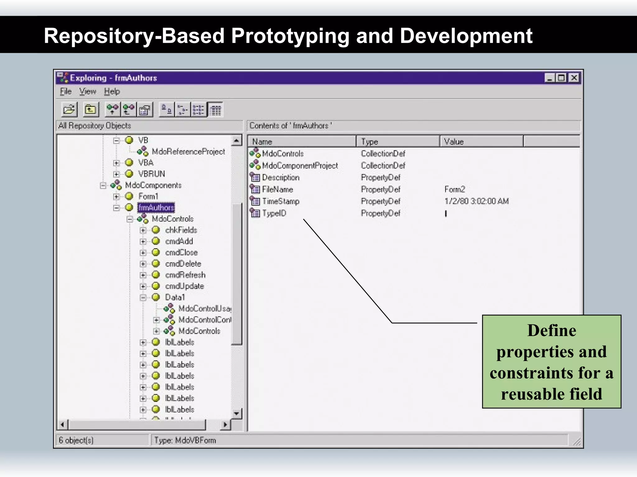 Repository-Based Prototyping and Development




                                             Define
                                         properties and
                                        constraints for a
                                         reusable field
 