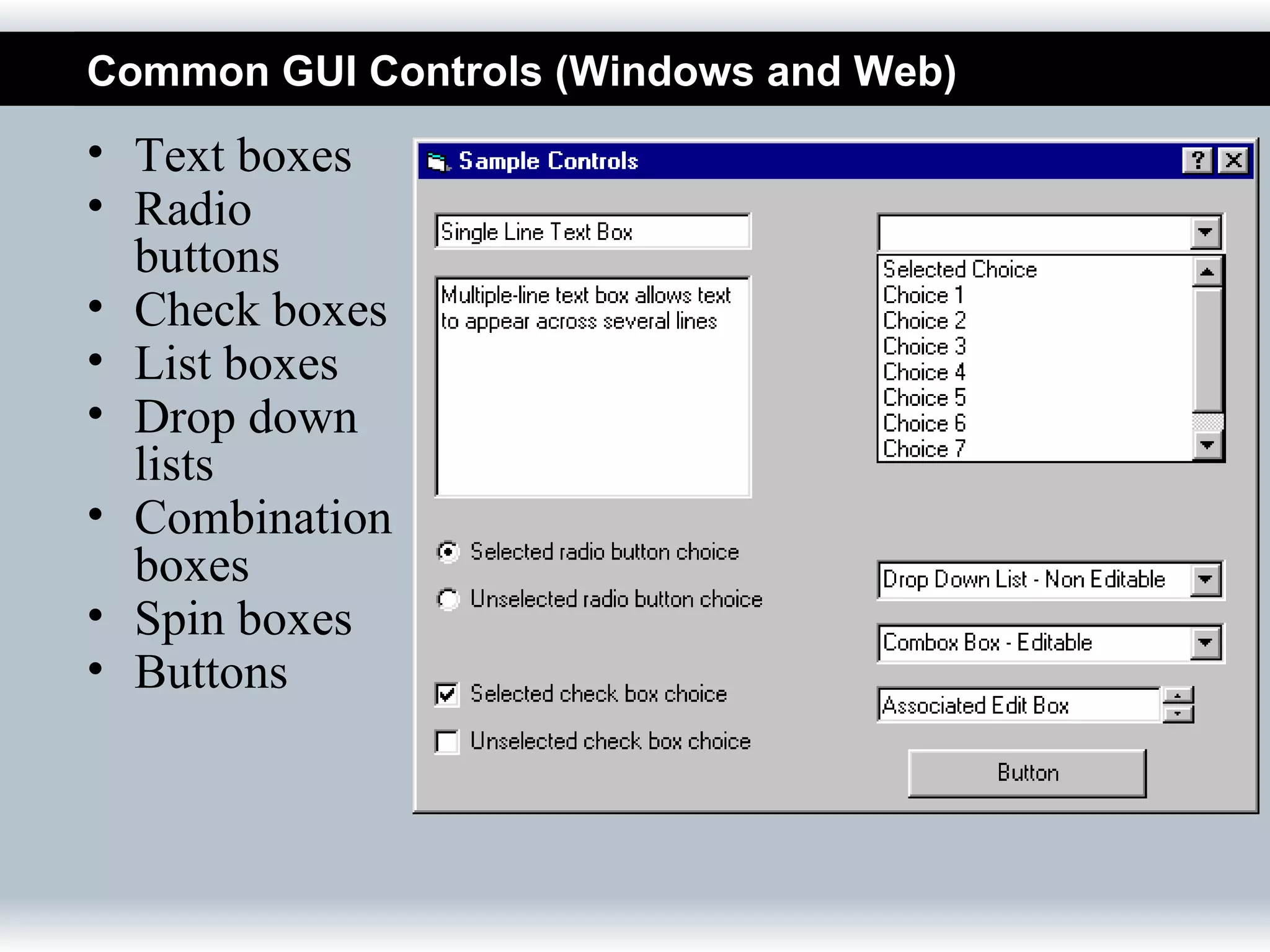 Common GUI Controls (Windows and Web)
• Text boxes
• Radio
  buttons
• Check boxes
• List boxes
• Drop down
  lists
• Combination
  boxes
• Spin boxes
• Buttons
 