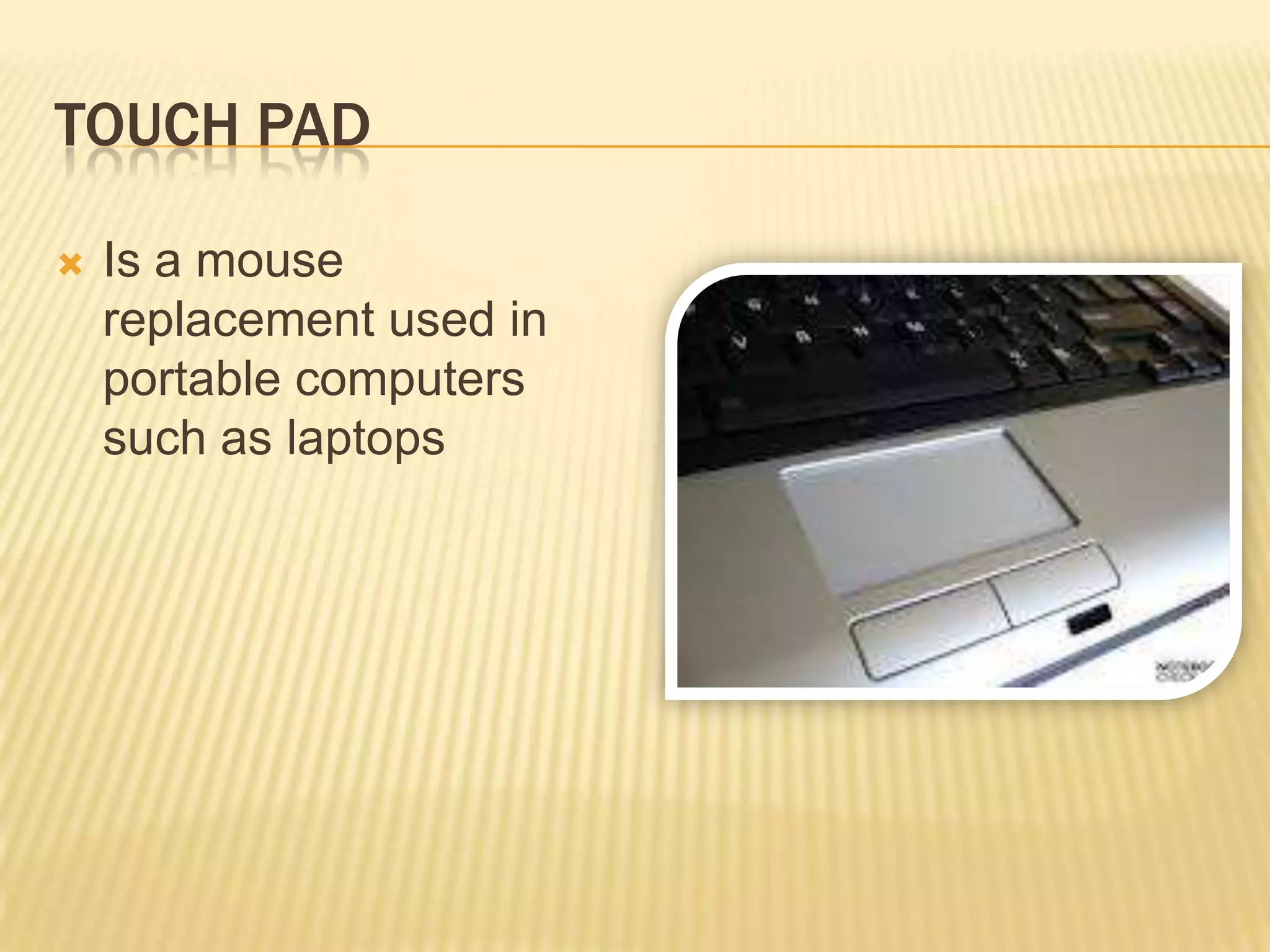 TOUCH PAD

   Is a mouse
    replacement used in
    portable computers
    such as laptops
 