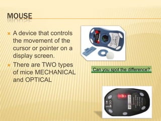 MOUSE

   A device that controls
    the movement of the
    cursor or pointer on a
    display screen.
   There are TWO types
                             Can you spot the difference?
    of mice MECHANICAL
    and OPTICAL
 