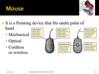    It is a Pointing device that fits under palm of
    hand
     Mechanical
     Optical
     Cordless
      or wireless



    11/21/2012    Designed by Prof. Anosha Khan PGC   6
 