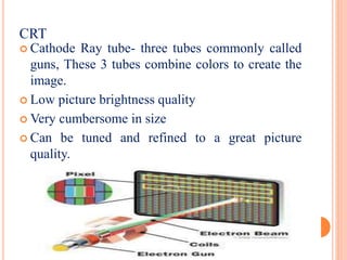  Cathode Ray tube- three tubes commonly called
guns, These 3 tubes combine colors to create the
image.
 Low picture brightness quality
 Very cumbersome in size
 Can be tuned and refined to a great picture
quality.
CRT
 