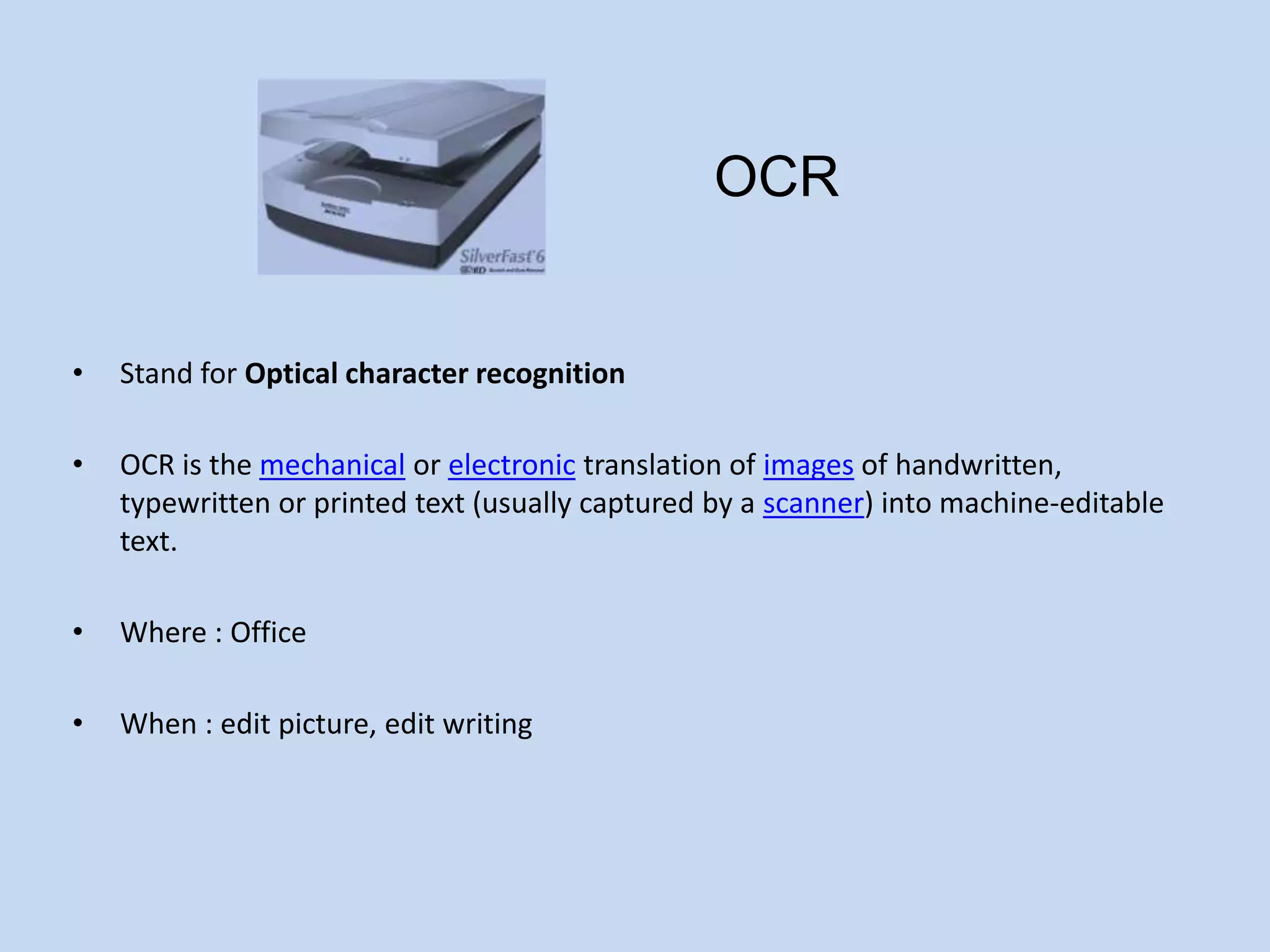 MICRStand for Magnetic Ink Character RecognitionMICR is the technology which allows the characters printed on the bottom of the check to be read by reader-sorter machines. Where : BankWhen : check number, bank routing number, checking account number and in some cases the amount of the check. 