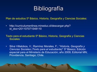 Bibliografía Plan de estudios 5º Básico, Historia, Geografía y Ciencias Sociales: http://curriculumenlinea.mineduc.cl/descargar.php?id_doc=201107071548110 Texto para el estudiante 5º Básico, Historia, Geografía y Ciencias Sociales: Silva Villalobos, V.; Ramírez Morales, F.; “ Historia, Geografía y Ciencias Sociales (Texto para el estudiante) ” 5º Básico; Edición especial para el Ministerio de Educación; año 2009; Editorial MN; Providencia, Santiago; Chile. 