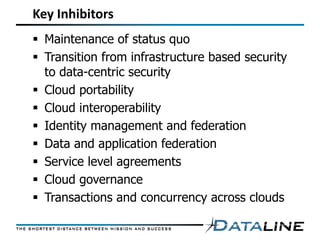 Key Inhibitors
 Maintenance of status quo
 Transition from infrastructure based security
  to data-centric security
 Cloud portability
 Cloud interoperability
 Identity management and federation
 Data and application federation
 Service level agreements
 Cloud governance
 Transactions and concurrency across clouds
 
