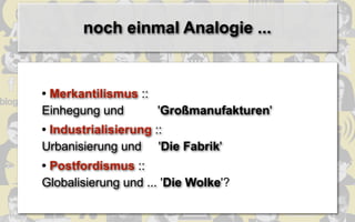 noch einmal Analogie ...


• Merkantilismus ::
Einhegung und       'Großmanufakturen'
• Industrialisierung ::
Urbanisierung und 'Die Fabrik'
• Postfordismus ::
Globalisierung und ... 'Die Wolke'?
 