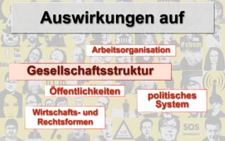 Auswirkungen auf
              Arbeitsorganisation

Gesellschaftsstruktur
    Öffentlichkeiten       politisches
                            System
Wirtschafts- und
 Rechtsformen
 