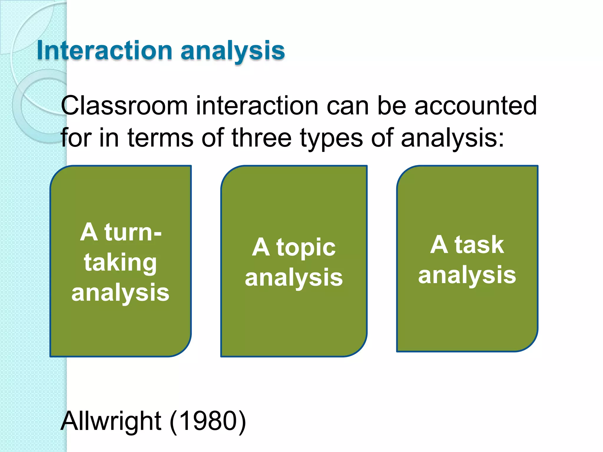 Interaction analysis
Classroom interaction can be accounted
for in terms of three types of analysis:

A turntaking
analysis

A topic
analysis

Allwright (1980)

A task
analysis

 