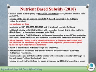Nutrient Based Subsidy (2010)
Agricultural (Input & Output) Marketing
 