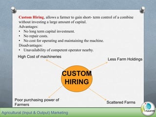 CUSTOM
HIRING
Less Farm Holdings
High Cost of machineries
Scattered Farms
Poor purchasing power of
Farmers
Custom Hiring, allows a farmer to gain short- term control of a combine
without investing a large amount of capital.
Advantages:
• No long term capital investment.
• No repair costs.
• No cost for operating and maintaining the machine.
Disadvantages:
• Unavailability of competent operator nearby.
Agricultural (Input & Output) Marketing
 