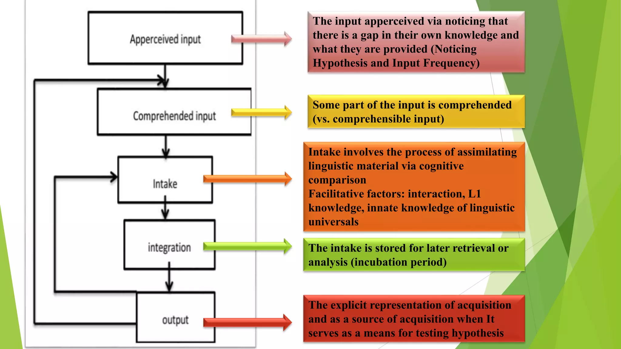 The input apperceived via noticing that
there is a gap in their own knowledge and
what they are provided (Noticing
Hypothesis and Input Frequency)
Some part of the input is comprehended
(vs. comprehensible input)
Intake involves the process of assimilating
linguistic material via cognitive
comparison
Facilitative factors: interaction, L1
knowledge, innate knowledge of linguistic
universals
The intake is stored for later retrieval or
analysis (incubation period)
The explicit representation of acquisition
and as a source of acquisition when It
serves as a means for testing hypothesis
 