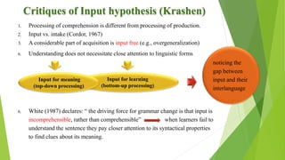 Critiques of Input hypothesis (Krashen)
1. Processing of comprehension is different from processing of production.
2. Input vs. intake (Cordor, 1967)
3. A considerable part of acquisition is input free (e.g., overgeneralization)
6. Understanding does not necessitate close attention to linguistic forms
6. White (1987) declares: “ the driving force for grammar change is that input is
incomprehensible, rather than comprehensible” when learners fail to
understand the sentence they pay closer attention to its syntactical properties
to find clues about its meaning.
Input for learning
(bottom-up processing)
noticing the
gap between
input and their
interlanguage
Input for meaning
(top-down processing)
 