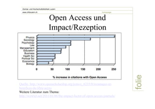 folie 
Zentral- und Hochschulbibliothek Luzern 
www.zhbluzern.ch homepage Open Access und 
Impact/Rezeption 
Quelle: http://www.openscholarship.org/jcms/c_6235/fr/avantages-et-benefices- 
du-libre-acces 
Weitere Literatur zum Thema: 
http://wowter.net/2011/01/06/the-impact-factor-of-open-access-journals/ 
 