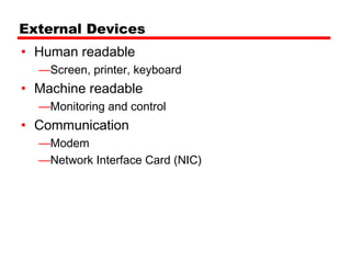 External Devices
• Human readable
  —Screen, printer, keyboard
• Machine readable
  —Monitoring and control
• Communication
  —Modem
  —Network Interface Card (NIC)
 