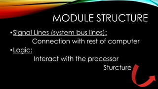 MODULE STRUCTURE
• Signal Lines (system bus lines):
Connection with rest of computer
• Logic:
Interact with the processor
Sturcture

 