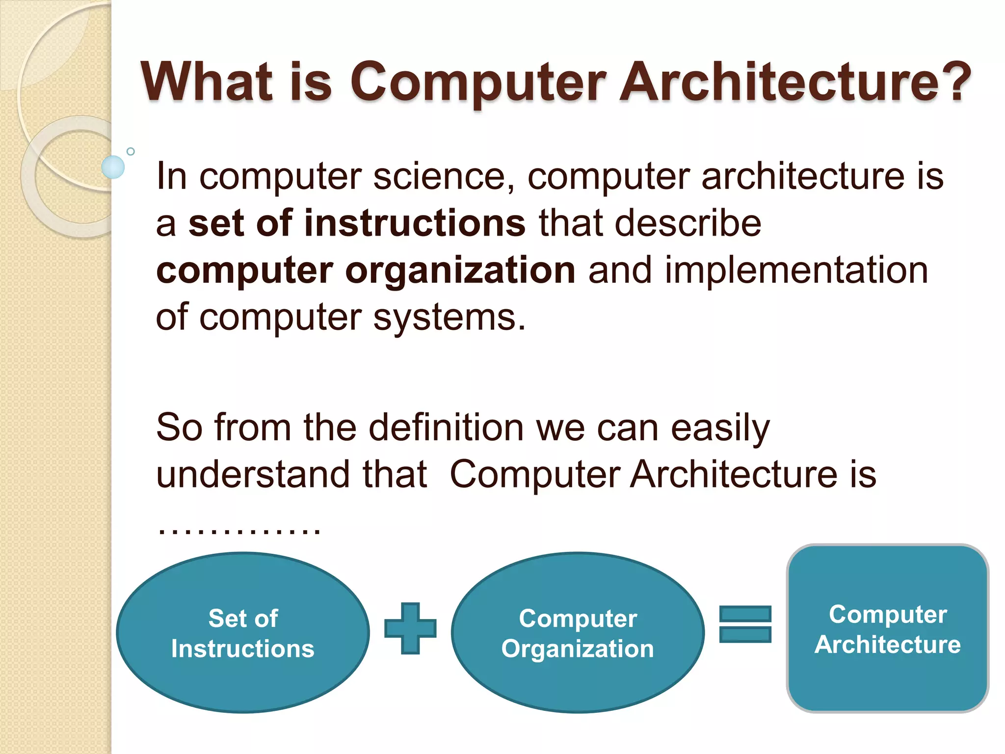 What is Computer Architecture? In computer science, computer architecture is a set of instructions that describe computer organization and implementation of computer systems. So from the definition we can easily understand that Computer Architecture is …………. Set of Instructions Computer Organization Computer Architecture 