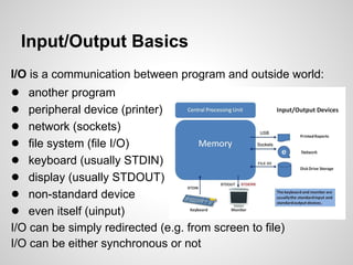 Input/Output Basics
I/O is a communication between program and outside world:
●   another program
●   peripheral device (p...