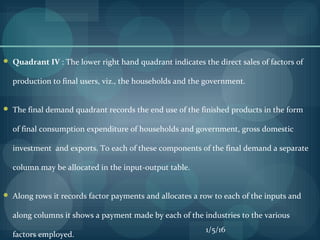  Quadrant IV : The lower right hand quadrant indicates the direct sales of factors of
production to final users, viz., the households and the government.
 The final demand quadrant records the end use of the finished products in the form
of final consumption expenditure of households and government, gross domestic
investment and exports. To each of these components of the final demand a separate
column may be allocated in the input-output table.
 Along rows it records factor payments and allocates a row to each of the inputs and
along columns it shows a payment made by each of the industries to the various
factors employed.
1/5/16
 