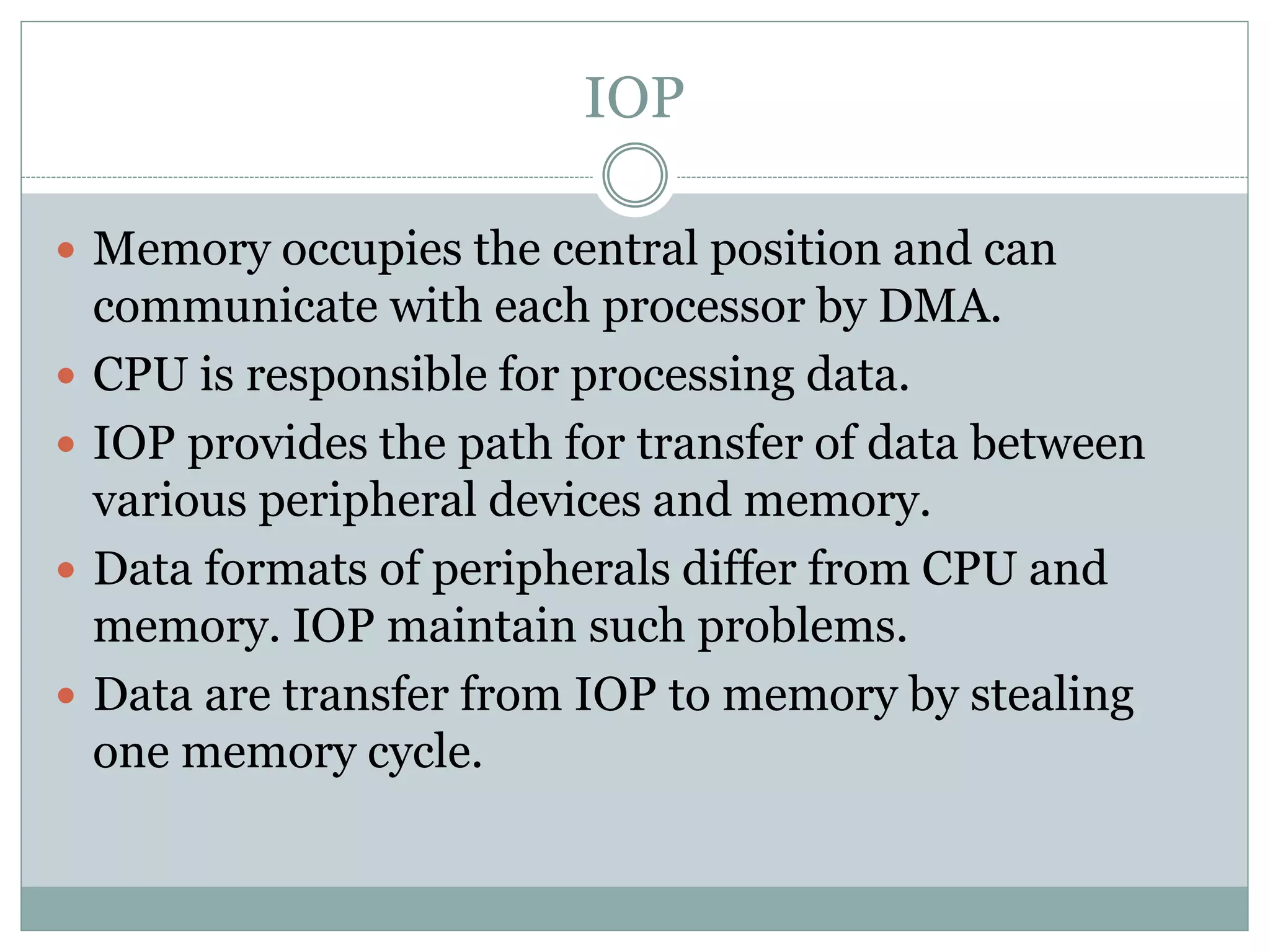 IOP
 Memory occupies the central position and can
communicate with each processor by DMA.
 CPU is responsible for processing data.
 IOP provides the path for transfer of data between
various peripheral devices and memory.
 Data formats of peripherals differ from CPU and
memory. IOP maintain such problems.
 Data are transfer from IOP to memory by stealing
one memory cycle.
 