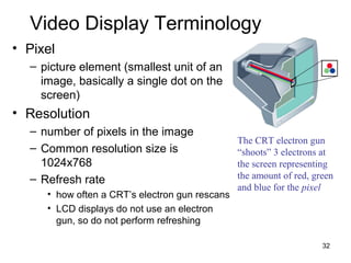 Video Display Terminology
• Pixel
– picture element (smallest unit of an
image, basically a single dot on the
screen)

• Resolution
– number of pixels in the image
– Common resolution size is
1024x768
– Refresh rate
• how often a CRT’s electron gun rescans
• LCD displays do not use an electron
gun, so do not perform refreshing

The CRT electron gun
“shoots” 3 electrons at
the screen representing
the amount of red, green
and blue for the pixel

32

 