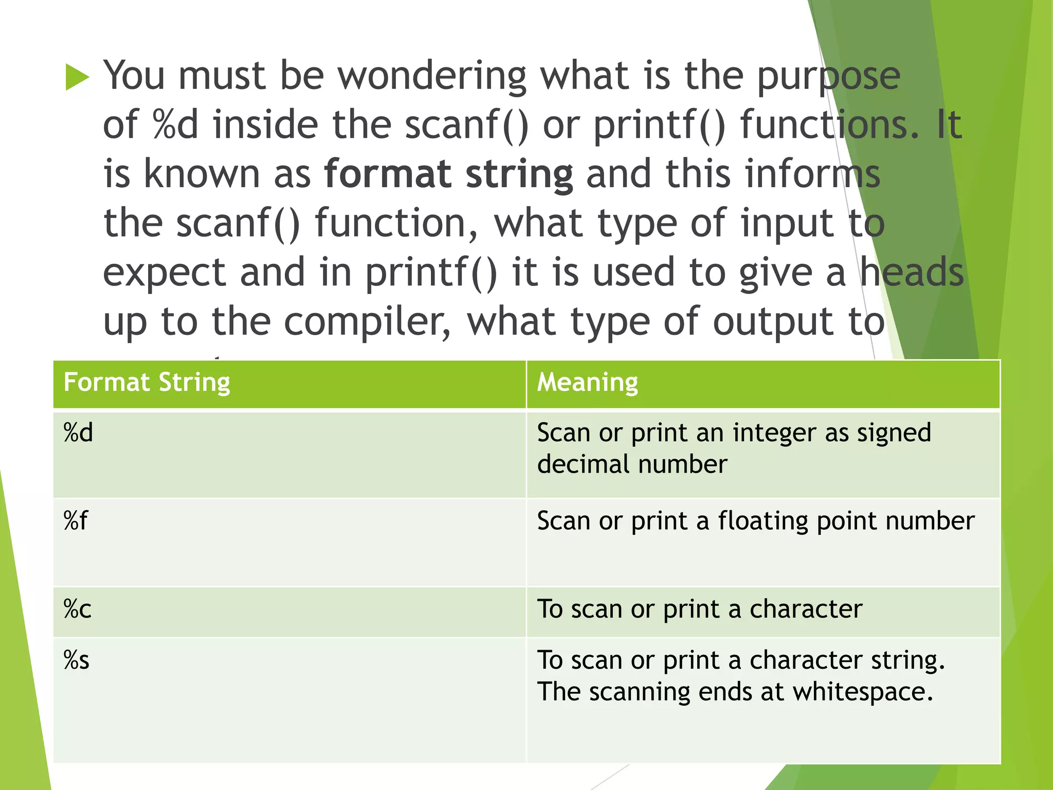  You must be wondering what is the purpose of %d inside the scanf() or printf() functions. It is known as format string and this informs the scanf() function, what type of input to expect and in printf() it is used to give a heads up to the compiler, what type of output to expect. Format String Meaning %d Scan or print an integer as signed decimal number %f Scan or print a floating point number %c To scan or print a character %s To scan or print a character string. The scanning ends at whitespace. 