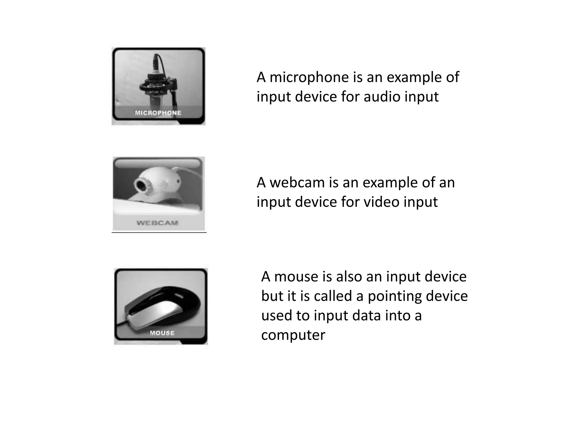 A microphone is an example of
input device for audio input
A webcam is an example of an
input device for video input
A mouse is also an input device
but it is called a pointing device
used to input data into a
computer