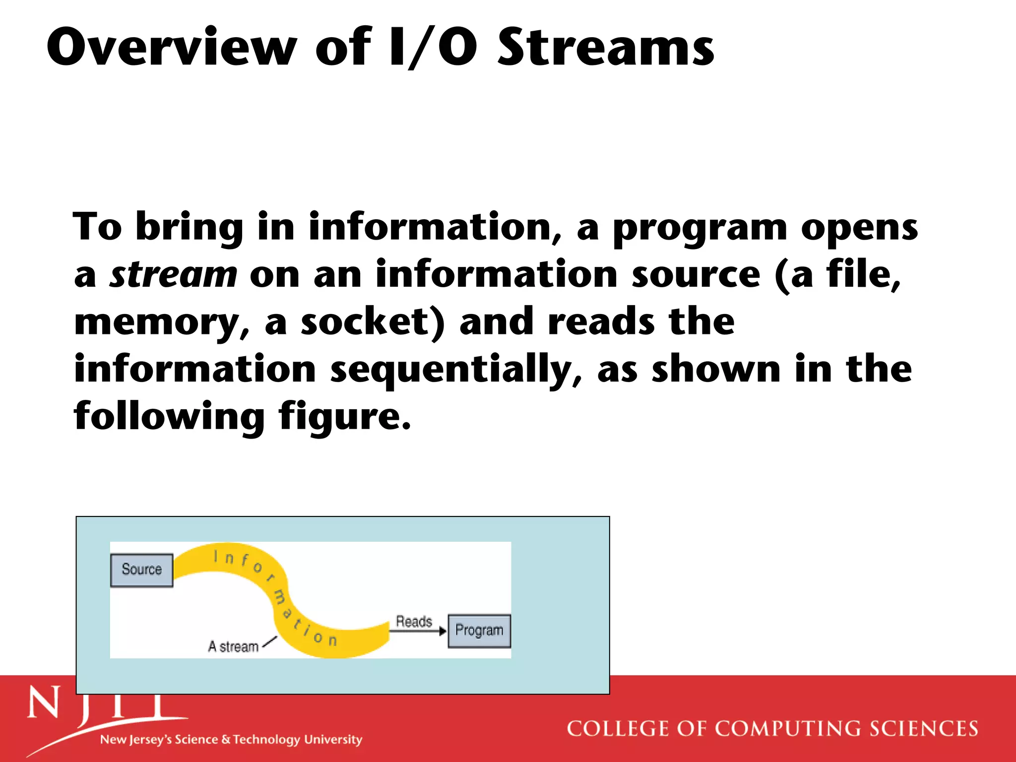 Overview of I/O Streams
To bring in information, a program opens
a stream on an information source (a file,
memory, a socket) and reads the
information sequentially, as shown in the
following figure.
 