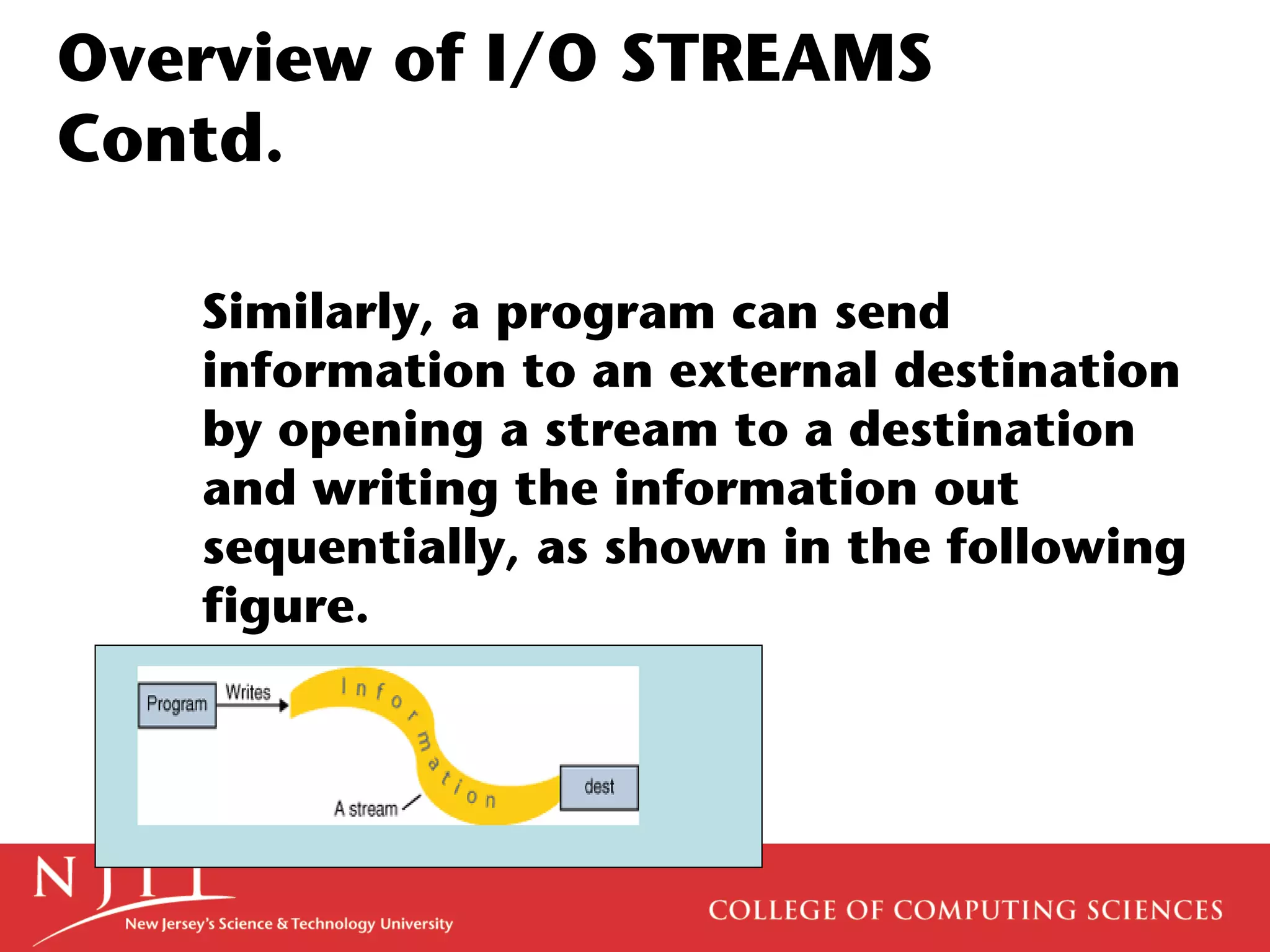 Similarly, a program can send
information to an external destination
by opening a stream to a destination
and writing the information out
sequentially, as shown in the following
figure.
Overview of I/O STREAMS
Contd.
 